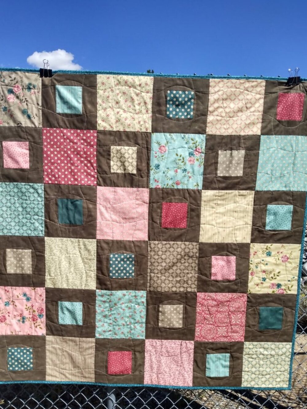 BN HANDMADE MODERN SQUARES LAP QUILT BROWN, PINK, TEAL, GREEN, TAUPE